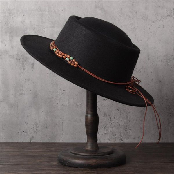

Wool Flat Fedora Hat Women Men Spring Wood Beads Belt Pork Pie Hat Gentleman Flat Bowler Porkpie Top Jazz, Blue;gray