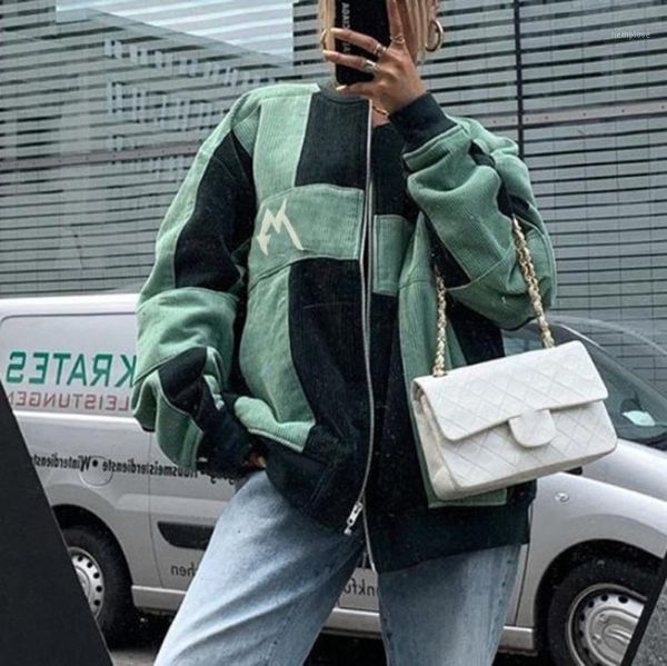 

casual streetwear brand designer streetwear contrast green vintage corduroy oversized woman jacket coat zip up bat sleeved loose1, Black;brown