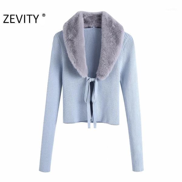 

zevity new women fashion faux fur v neck patchwork lace up cardigan knitting sweater female chic long sleeve open slim s4321, White