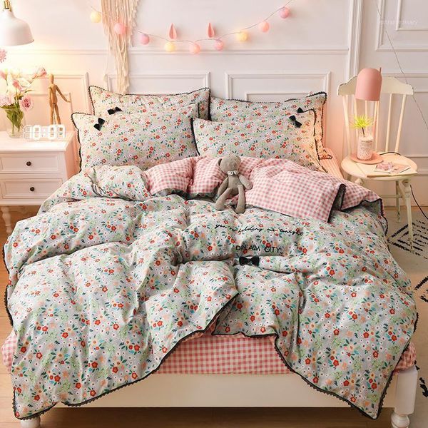 

small flowers 100% cotton bedding sets  size duvet cover flat/fitted sheet pillowcase for girls bed set1