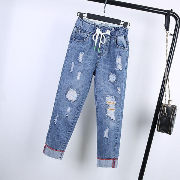 

spring plus size 26-40 casual torn elastic flanging hole mid-waist length vintage ankle stretch loose hare female jeans, Blue