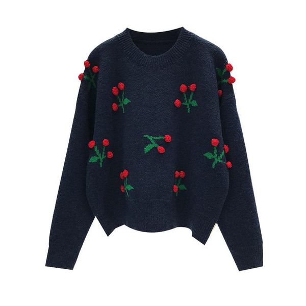 

women's sweaters perhaps u women sweater knitted pullovers long sleeve crew neck navy blue red cherry fur ball m0344, White;black