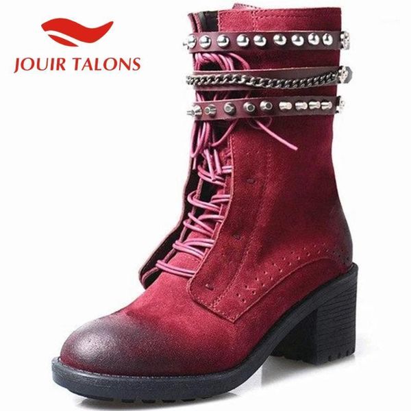 

jouir talons 2020 vintage metal buckle straps ankle boots big size 43 fashion cross-tied round toe chunky heels women shoes1, Black