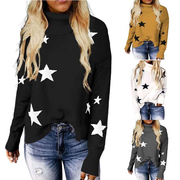 

autumn and winter women's star print high collar knitted sweater street fashion pullover, White;black