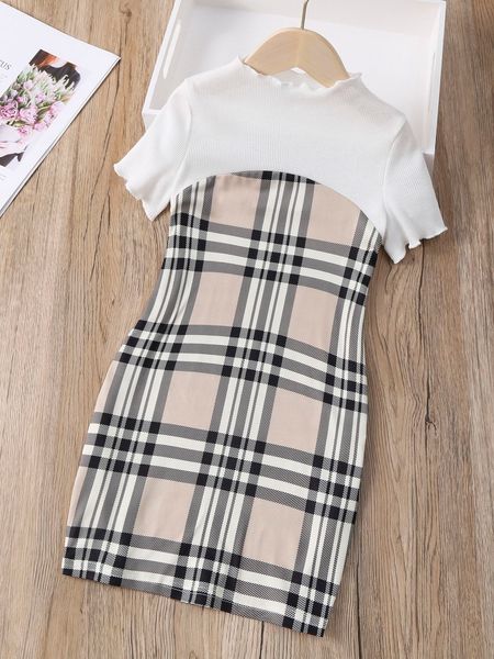 

toddler girls plaid print lettuce trim dress she, Red;yellow