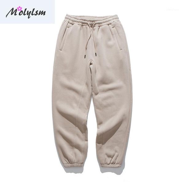 

winter and autumn 2020 thickened plush hemmed drawstring solid color pants european american retro fashion casual men1, Black