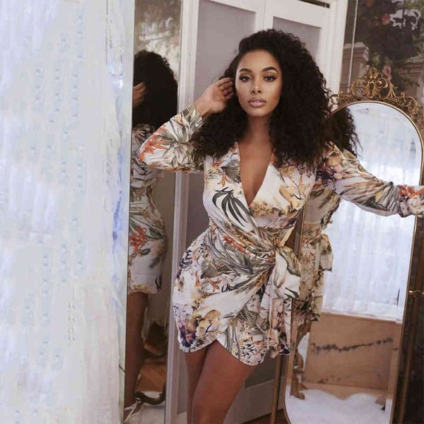 

womens long sleeved v-neck elegant fashion flower and plant print bandage cardigan thin coat dress, Black;gray