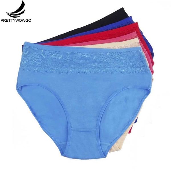 

prettywowgo 6 pcs/lot plus size women's clothing high waist solid color women cotton lace briefs panties 6956 y200425, Black;pink