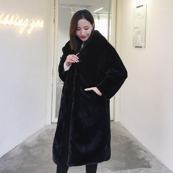 

2021 winter thick warm furry faux jacket coat women korean plus size loose 4 color long hooded faux fur overcoat female1, Black