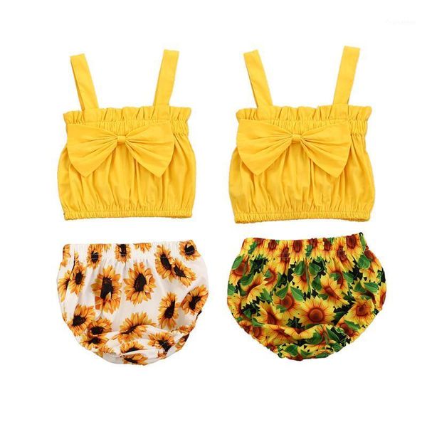 

2pcs baby girls outfit summer solid sleeveless sunflower print shorts set1, White