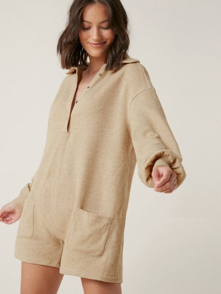 

lantern sleeve pocket front button half placket romper m4bh#, White