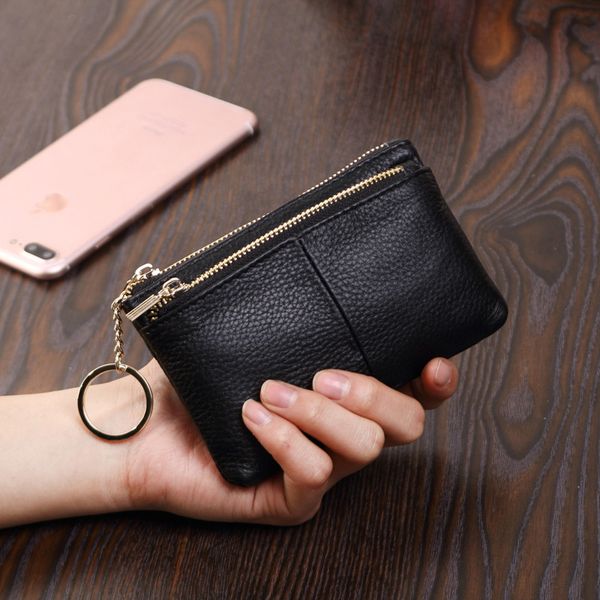 

hbp leather coin purse women's mini cowskin leather short double zipper key simple small wallet coin, Red;black