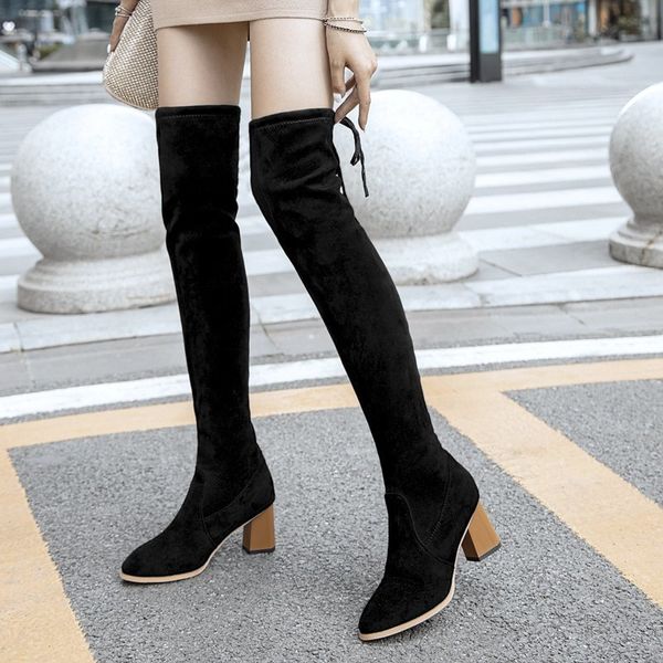 

false autumn suede on the knee elastic boots pointed toe women heels shoes black woman thigh high socks