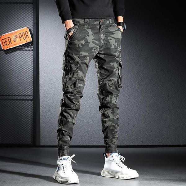 

autumn men's new camouflage overalls trousers and slim feet trousers korean trend, Black