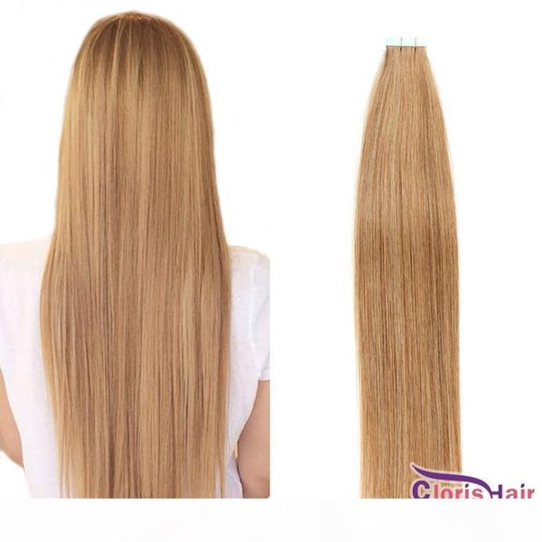 

straight pu skin weft adhesive remy hair #12 light golden brown tape in natural human hair extensions 20pcs seamless double sided tape, Black