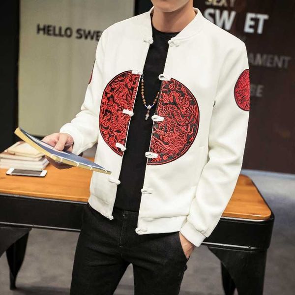 

classic chinese style pan kou jackets men autumn new dragon embroidery bomber jacket slim fit long sleeve mens coats, Black;brown