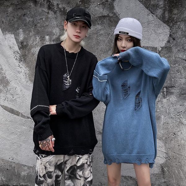 

original hole frayed o neck retro sweater men and women oversize hip hop autumn clothing baggy pullover knitted mens sweaters, White;black