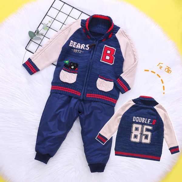 

black letter miki bear winter new coat foreign double layer knitting boys and girls' sweater children's wear, Blue