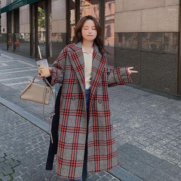 

2020 autumn winter new women's woolen coats loose casual long stitching plaid jacket wool blend women coat1, Black