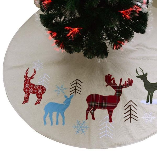 

christmas decorations sorrento 50" linen fabric tree skirt reindeer applique embroidery decoration1
