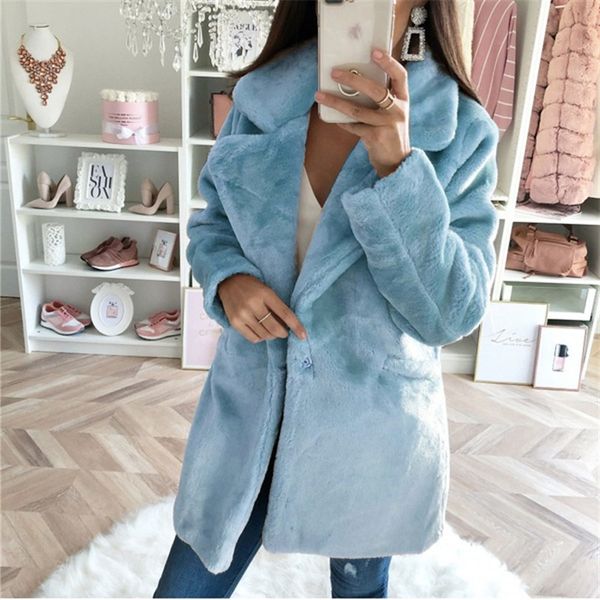 

2021 winter woolen women's mid-length solid color loose plush thick coat faux fur casual commuter jacket, Black