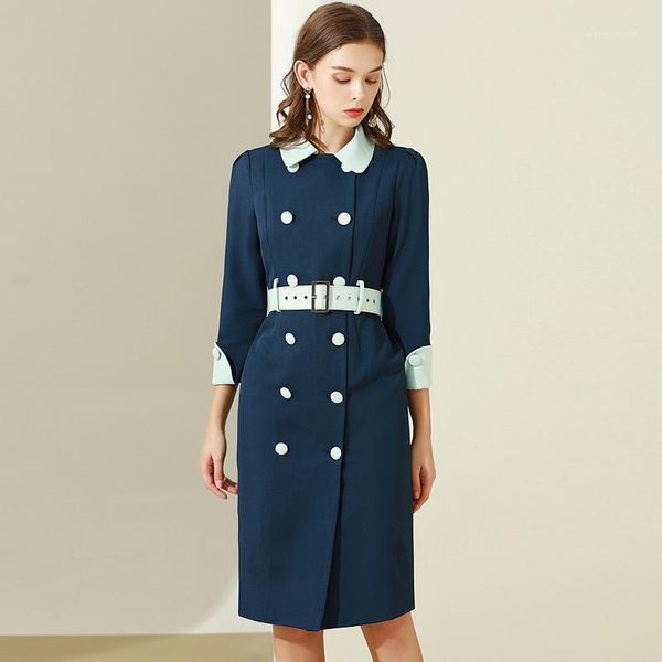 

casual dresses runway autumn style women's vintage elegant fashion gentlewoman belt double breasted slim dress1, Black;gray