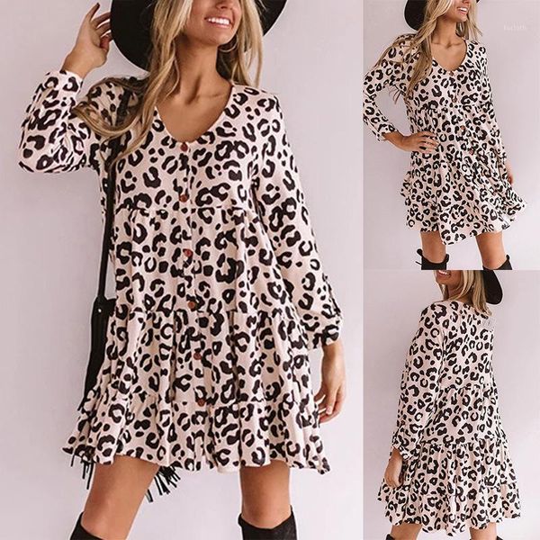 

2020 long sleeve v neck button mini dress leopard printed a line autumn dress loose casual dresses women1, Black;gray