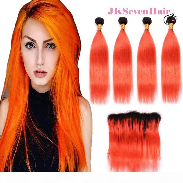 

straight dark root orange peruvian virgin hair bundles 4pcs with 13x4 inch lace frontal 1b orange brazilian indian hair wefts with frontal, Black