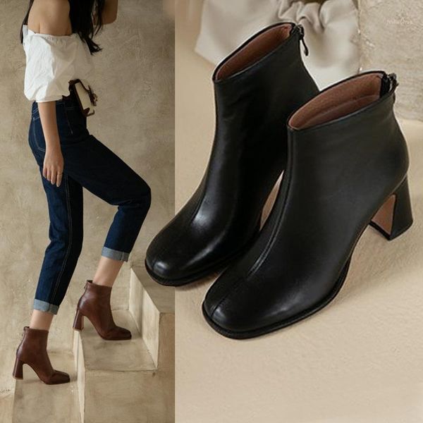 

women ankle boots leather office fashion female footwear autumn zipper block high heels short boots 2021winter ladies1, Black