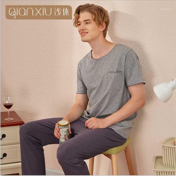 

2020 spring summer homewear men casual pajama sets male cotton sleepwear suit men short sleeve o-neck collar t shirt & pants1, Black;brown