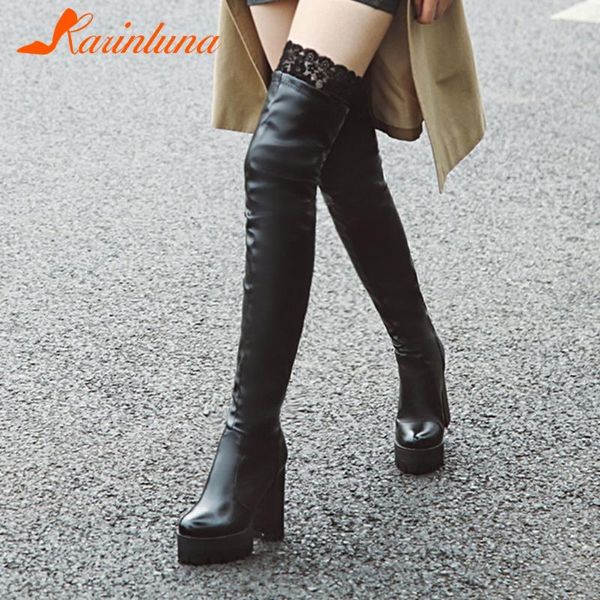 

boots karin 2021 fashionable female shoes over-the-knee solid lace slip-on thick high thigh booties party, Black