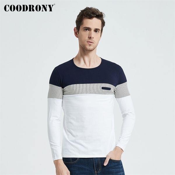 

coodrony t-shirt men spring autumn new long sleeve o-neck t shirt brand clothes fashion patchwork pure cotton tee 7622 201116, White;black