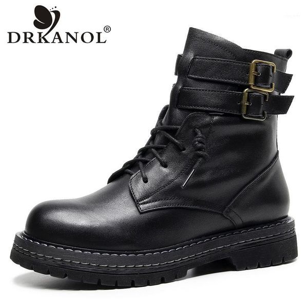 

drkanol 2020 fashion women boots 100% genuine leather flats heel ankle boots for women handmade platform casual leather1, Black