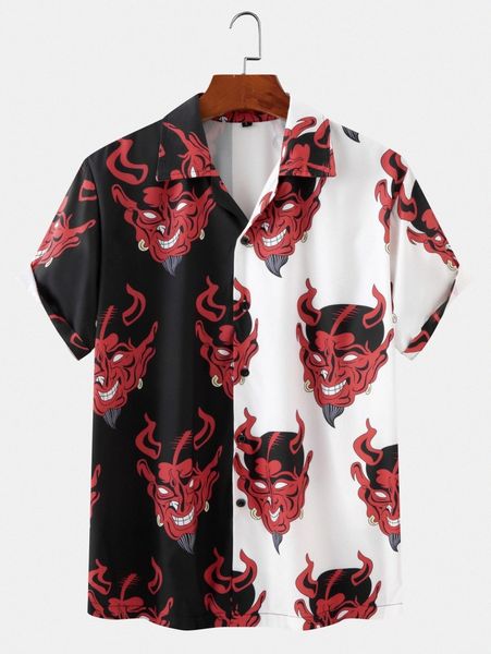 

men graphic print spliced button up shirt u2gm#, White;black