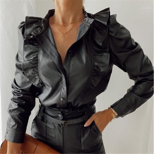 

vintage black tunic spring autumn women pu leather ruffles long sleeve shirts fashion v neck buttons blouse party wear1, White