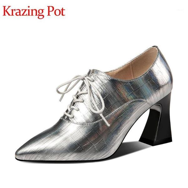 

krazing pot solid genuine leather veins pointed toe high heels shiny bowtie simple wild women lace up fashion spring pumps l101, Black