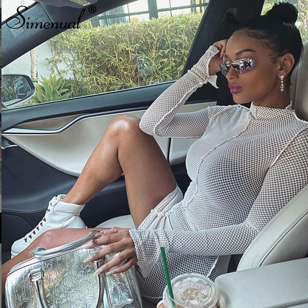 

simenual mesh skinny women mini dresses spring fashion 2021 clubwear bodycon solid hollow out party dress birthday clothing y0118, Black;gray