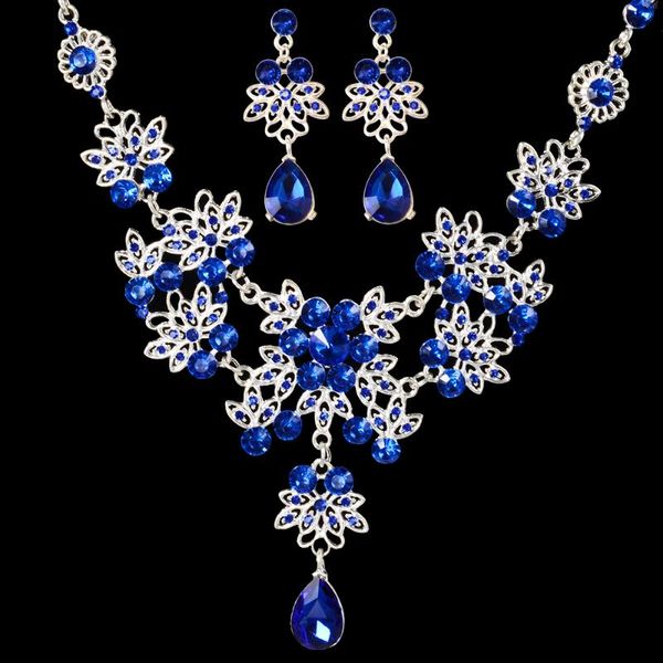 

earrings & necklace luxury elegant blue crystal big flowers bridal jewelry sets for women wedding drop earring accessories birthday gift, Silver