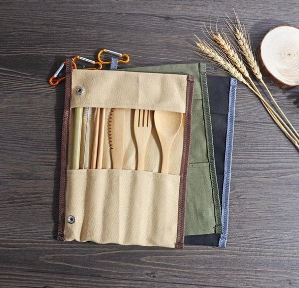 

flatware sets 7pcs/set portable cutlery set with bag outdoor travel bamboo knife chopsticks fork spoon dinnerware wholesale