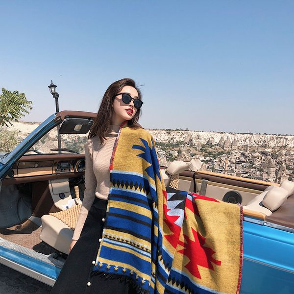 

new super thick warm autumn and winter women's bohemian desert cape color retro wild pashmina shawl large shawl, Blue;gray