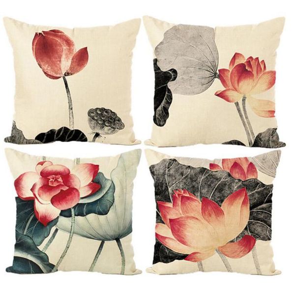 

chinese style lotus series printing linen material pillow cover car waist pillowcase fashion exquisite and comfortable
