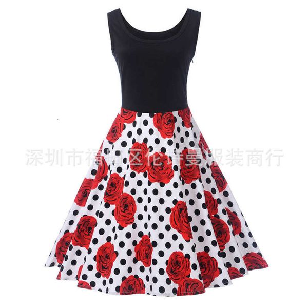 

print women's hepburn round neck sleeveless style swing dress, Black;gray