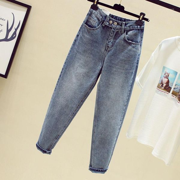 

women's jeans women elastic waist double button high jean ankle-length denim straight harem pants trousers boyfriend 5xl plus size1, Blue