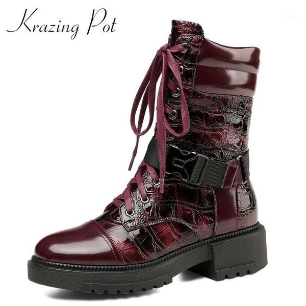 

krazing pot new motorcycle boots natural leather buckle platform coolest round toe thick med heel zipper punk mid-calf boots l721, Black