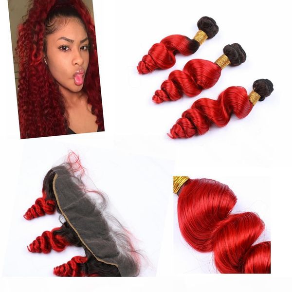 

russian ombre bundle brazilian hair with closure 13" * 4" dark root loose wave #1b #red hair closures human hair, Black;brown