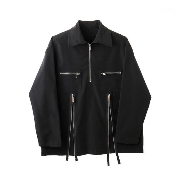 

men casual shirts zipper brand design turn down collar shirts gothic oversize dark owen tees japan koren style chemise homme1, White;black