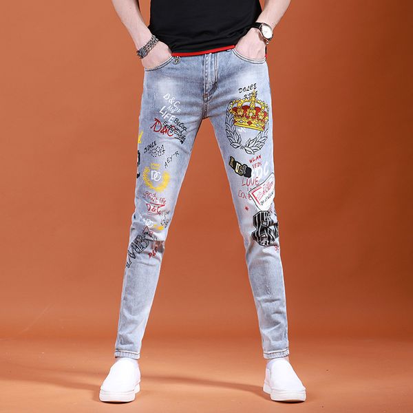 Primavera 2021 Moda Streetwear Pantaloni da uomo di marca di lusso stampati casuali Pantaloni da uomo in denim da uomo casual con corona di marca da uomo