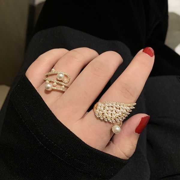 

light luxury high-level feeling diamond pearl wing ring girl, Silver