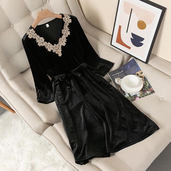

autumn v-neck nightdress women homewear sleepwear velvet nightwear home dressing gown long sleeve nightgown intimate lingerie, Black;red