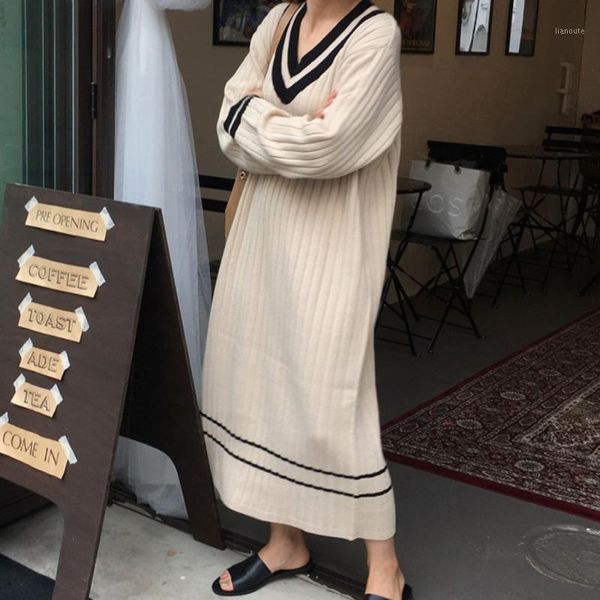 

dress knit women v-neck fashion stripe thick autumn winter 2020 new casual slim loose oversized long korean style stitching1, Black;gray